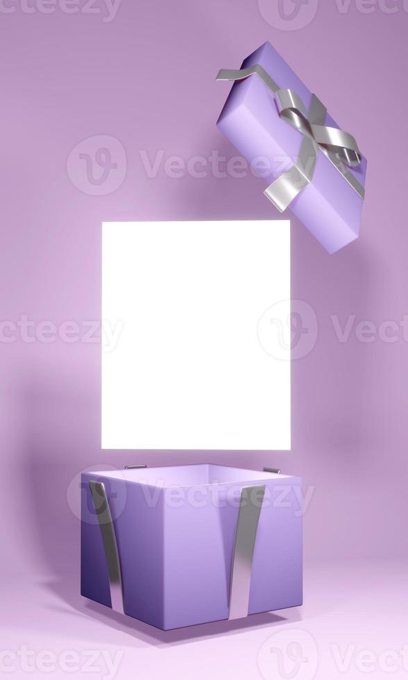 3D rendering concept of a present box opens up to show a blank paper for commercial design. Purple theme. 3D render. 3D illustration. photo