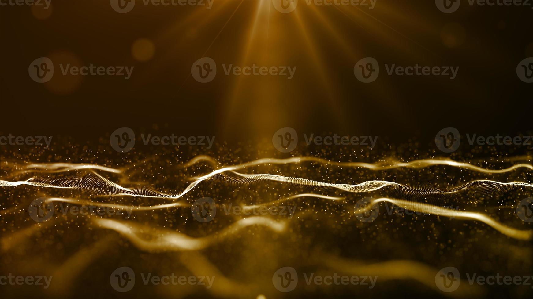 Gold color digital particles wave flow and light flare. abstract technology background concept photo