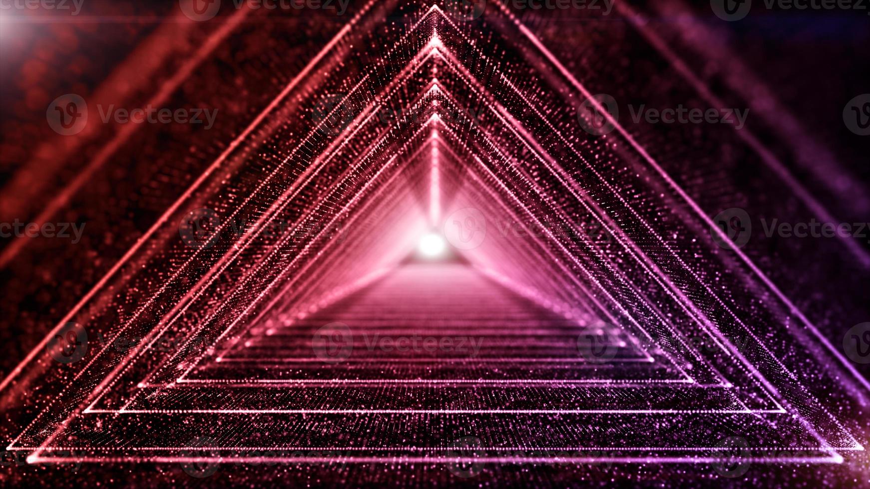 túnel digital triangular del ciberespacio con partículas e iluminación concepto de fondo abstracto. foto