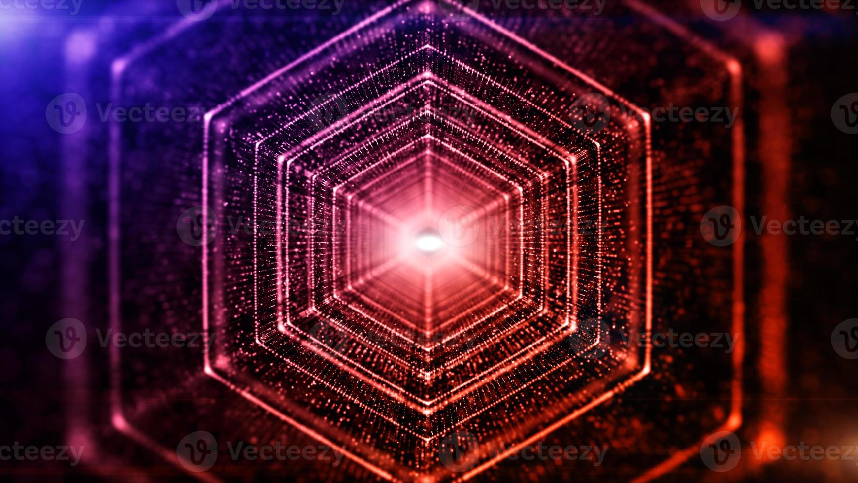 Hexagon digital tunnel of cyberspace with particles and lighting abstract background concept. photo