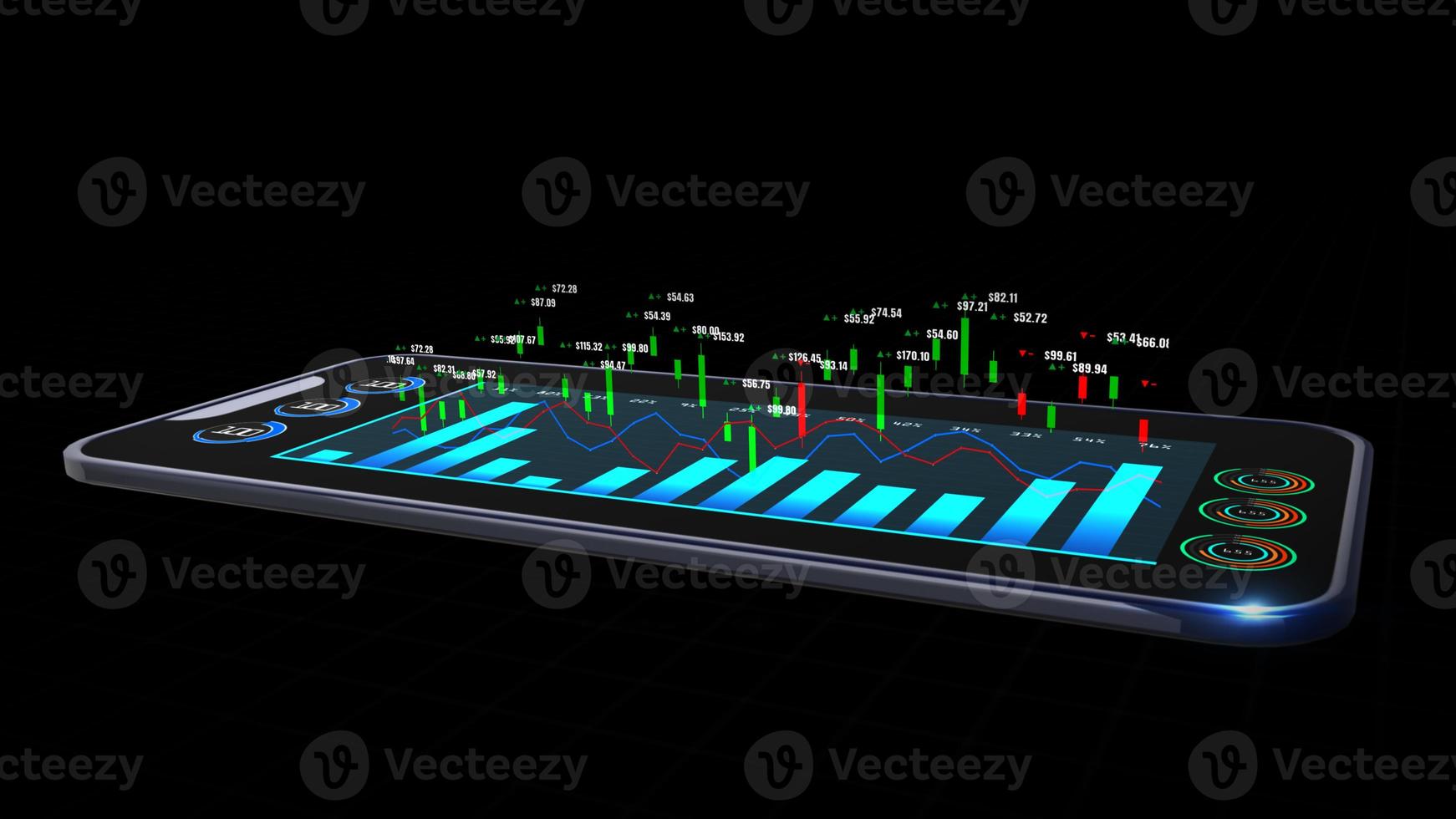 Smart Phone of analysis digital stock market or trading graph and candlestick chart suitable for financial investment. Investment trends for business background concept. photo