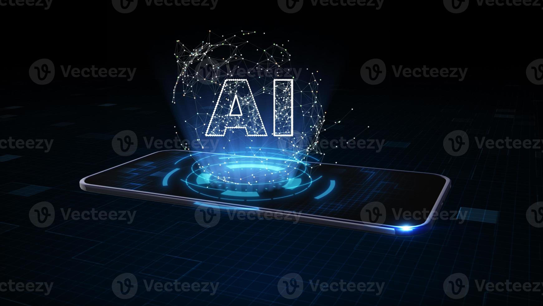 teléfono inteligente de conexión a Internet de alta velocidad 5g de Internet de las cosas iot, inteligencia artificial ai, concepto de minería de datos, concepto de conexión de red de datos digitales de tecnología. representación 3d foto