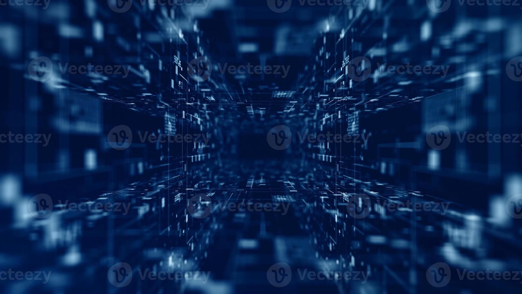 Digital tunnel of cyberspace moving forward with particles and digital data network connections future background concept. photo