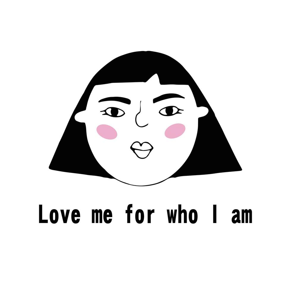 Vector portrait of a female character. Linear hand drawn face with emotion and mood. Friendly inscription. Postcard for social networks
