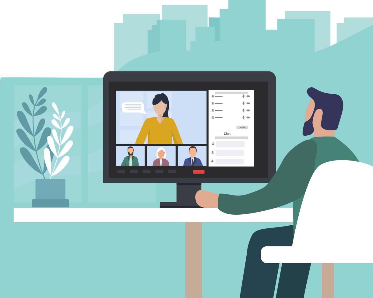 A videoconference of colleagues working together. Working and friendly remote communication over the Internet. Connecting people in an app and messenger vector