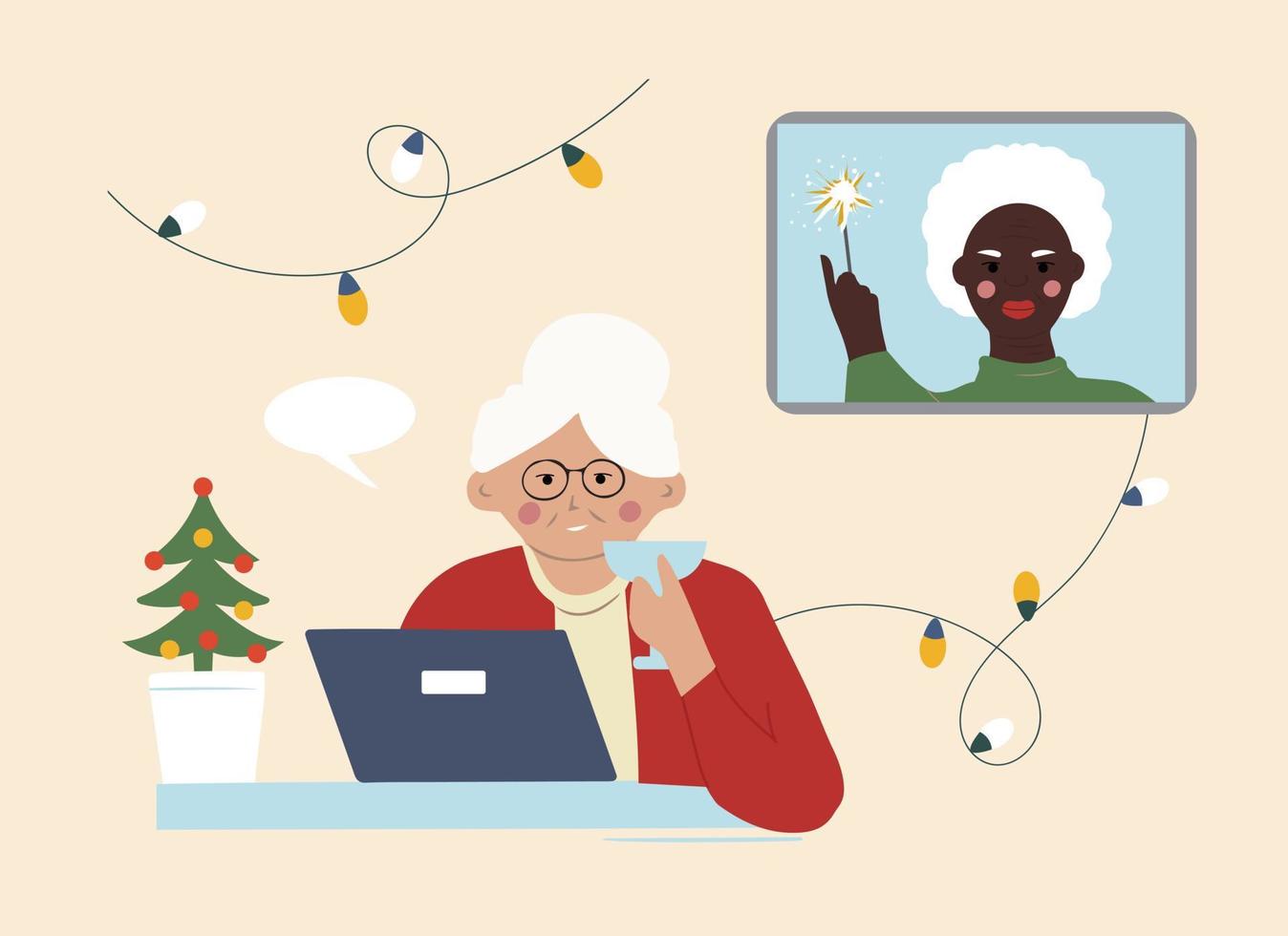 Two elderly grandmothers wish each other a Merry Christmas online. Communication over the Internet at a distance vector