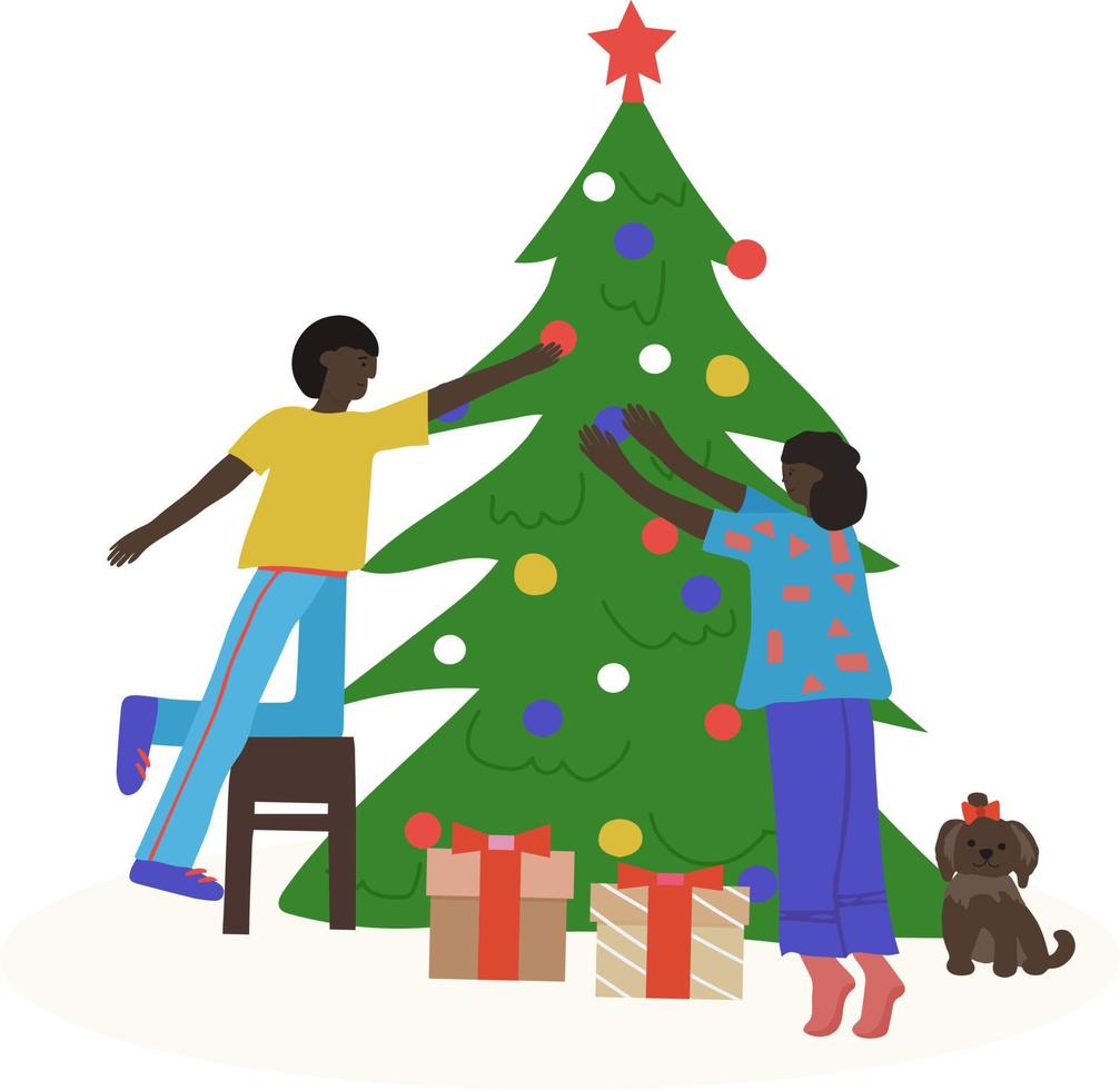 Merry Christmas greeting card. Happy African-American couple decorating the Christmas tree. Vector illustration for flyer, card and banner for website