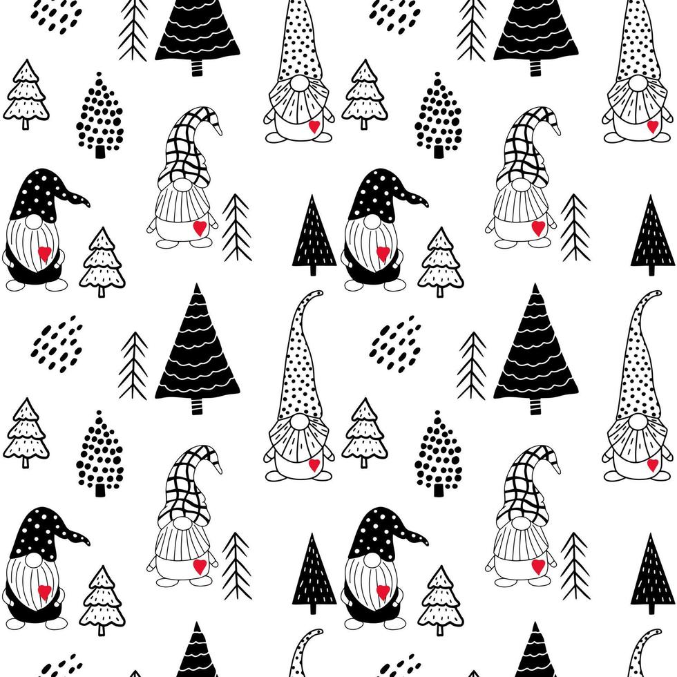 Seamless pattern with a cute hand drawn gnome and a Christmas tree. Scandinavian style vector background of doodle elements