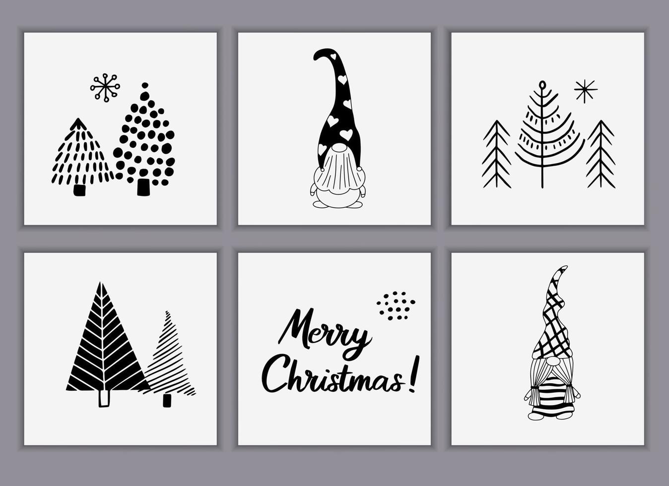 Set of Christmas greeting cards made of hand-drawn doodle elements. Christmas trees, cute gnomes in Scandinavian style. Vector templates for posters or invitations