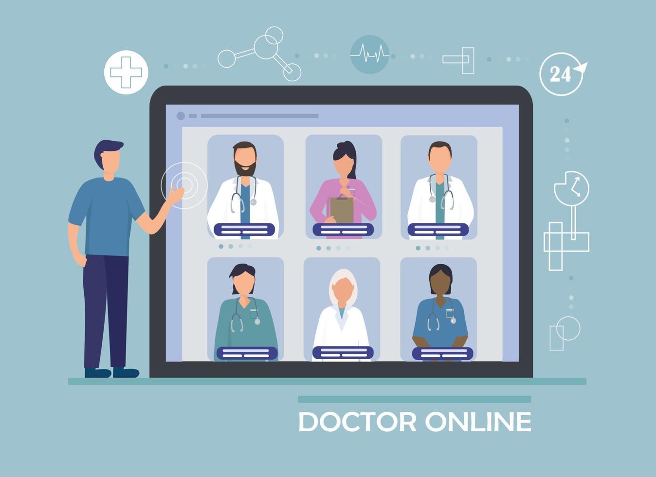 elegir un médico en línea. telemedicina, servicios médicos remotos. buscar un especialista para consulta médica y diagnóstico en internet. retratos de diferentes médicos especialistas vector