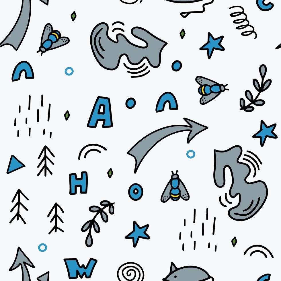 Seamless pattern of abstract vector elements in a simple doodle style. Arrows, letters, figures, insects and natural elements