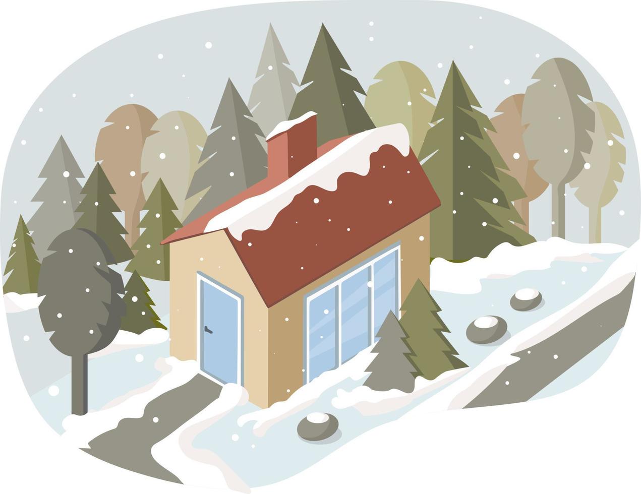 ilustración vectorial de una casa familiar rústica en el bosque. paisaje de invierno, nevadas. hay muchos árboles alrededor. vida de campo. respetuoso con el medio ambiente y lejos de la civilización vector