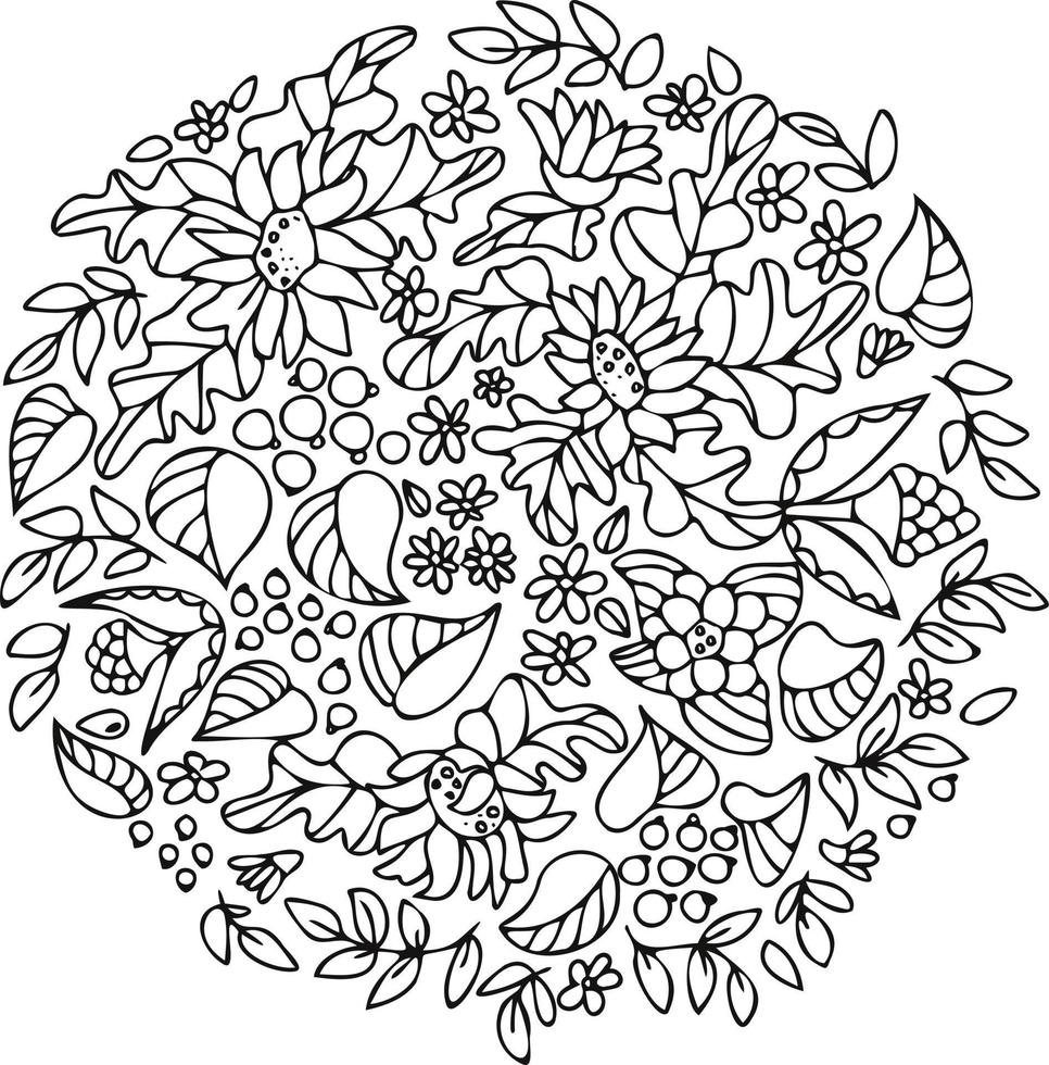 Sunflowers, wildflowers, leaves and berries. Botanical composition. Vector hand drawing, line art. Coloring page for adults and children
