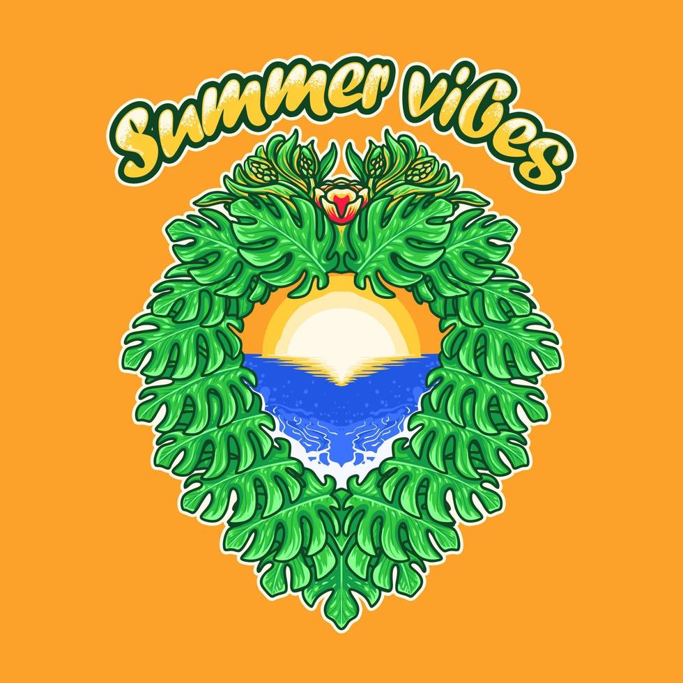 Summer Vibes Wreath of Monstera Leaves on the Beach Vector Illustration