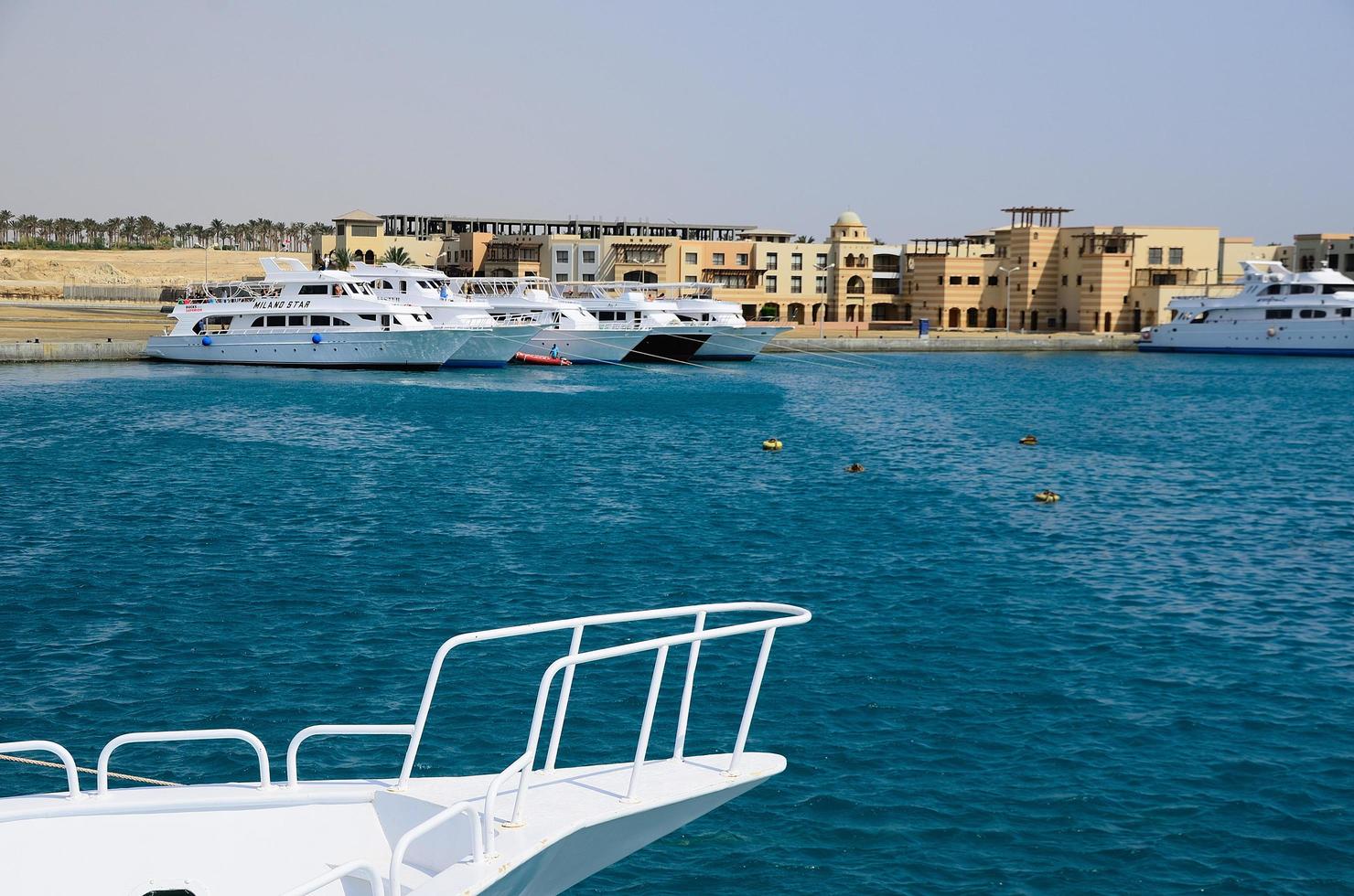 white boats in the harbor at sea photo