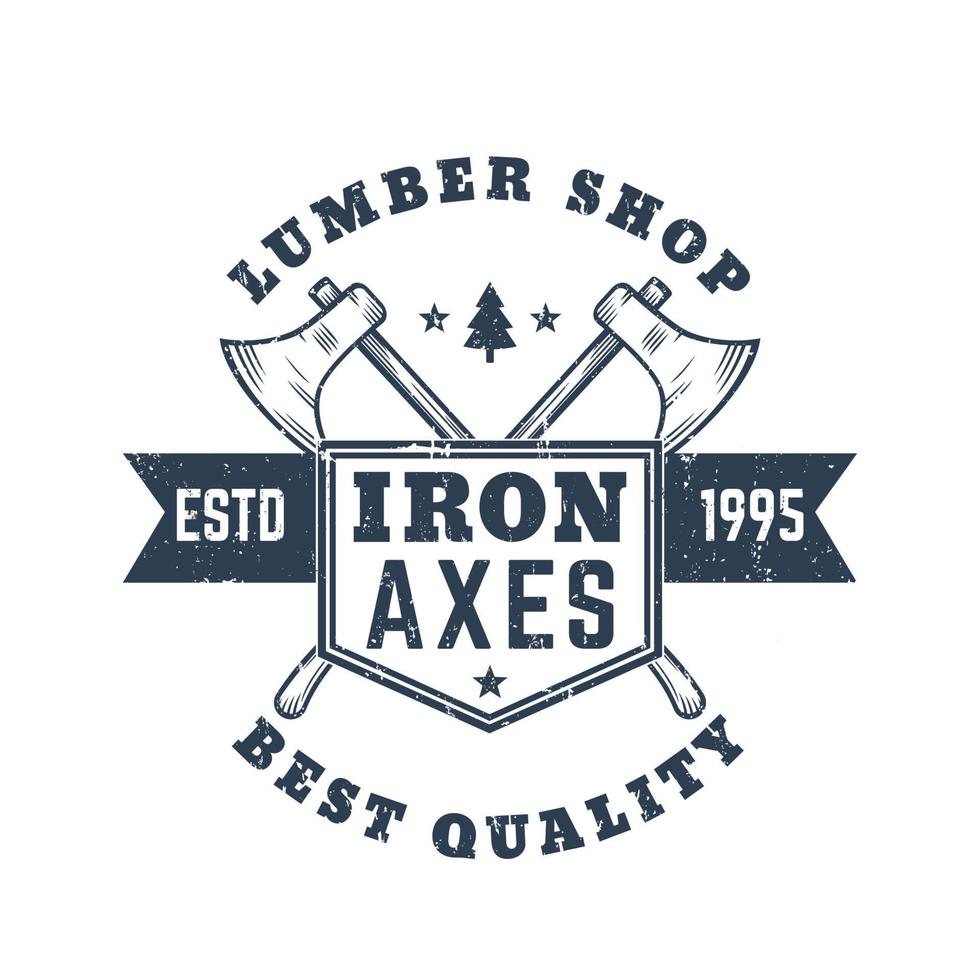 lumber shop vintage logo, emblem, badge with lumberjacks axes vector
