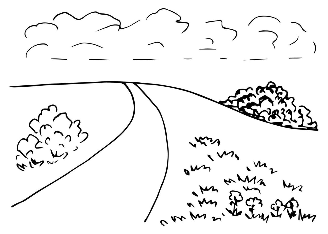 Field road, bushes, grass, countryside landscape, distance path, hill, clouds. Hand-drawn vector illustration with black outline.