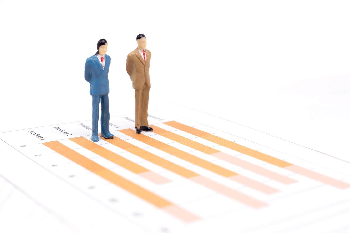 Miniature figures businessmen standing on a graph chart financial photo