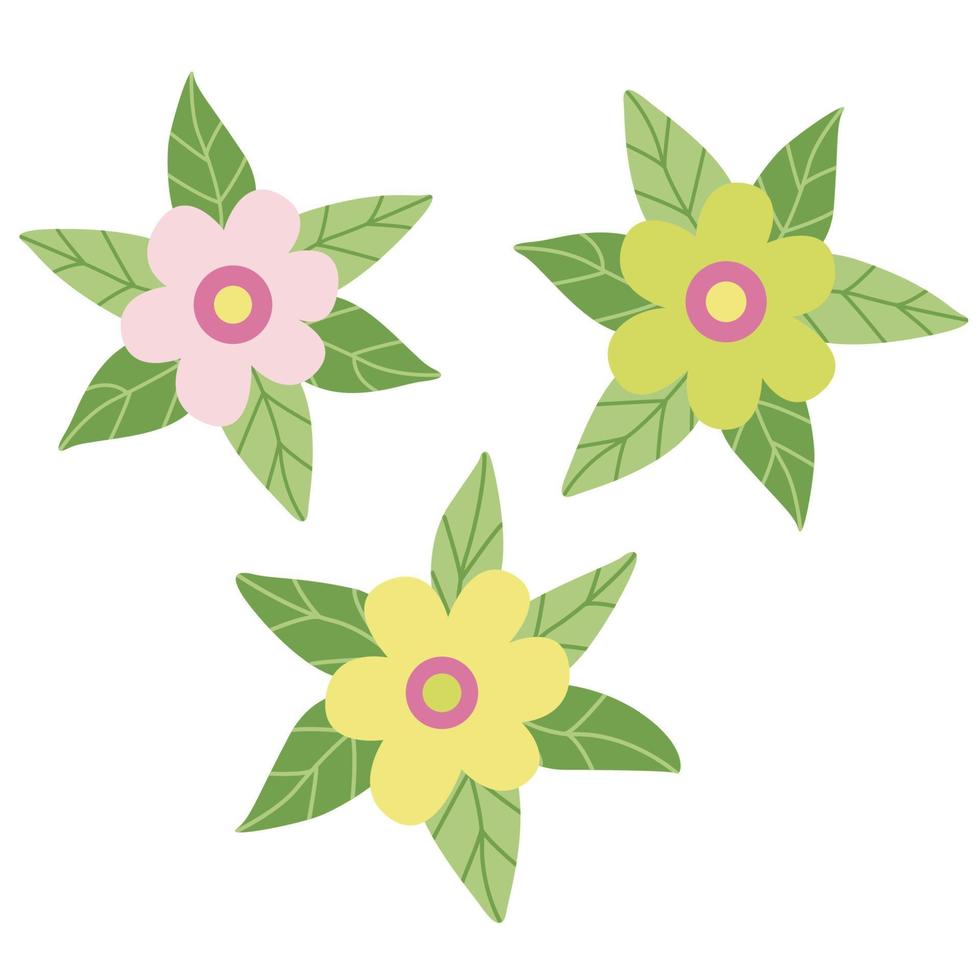 Set with decorative daisy flowers with leaves. Hand drawn flat illustration. Great for Easter greeting cards vector