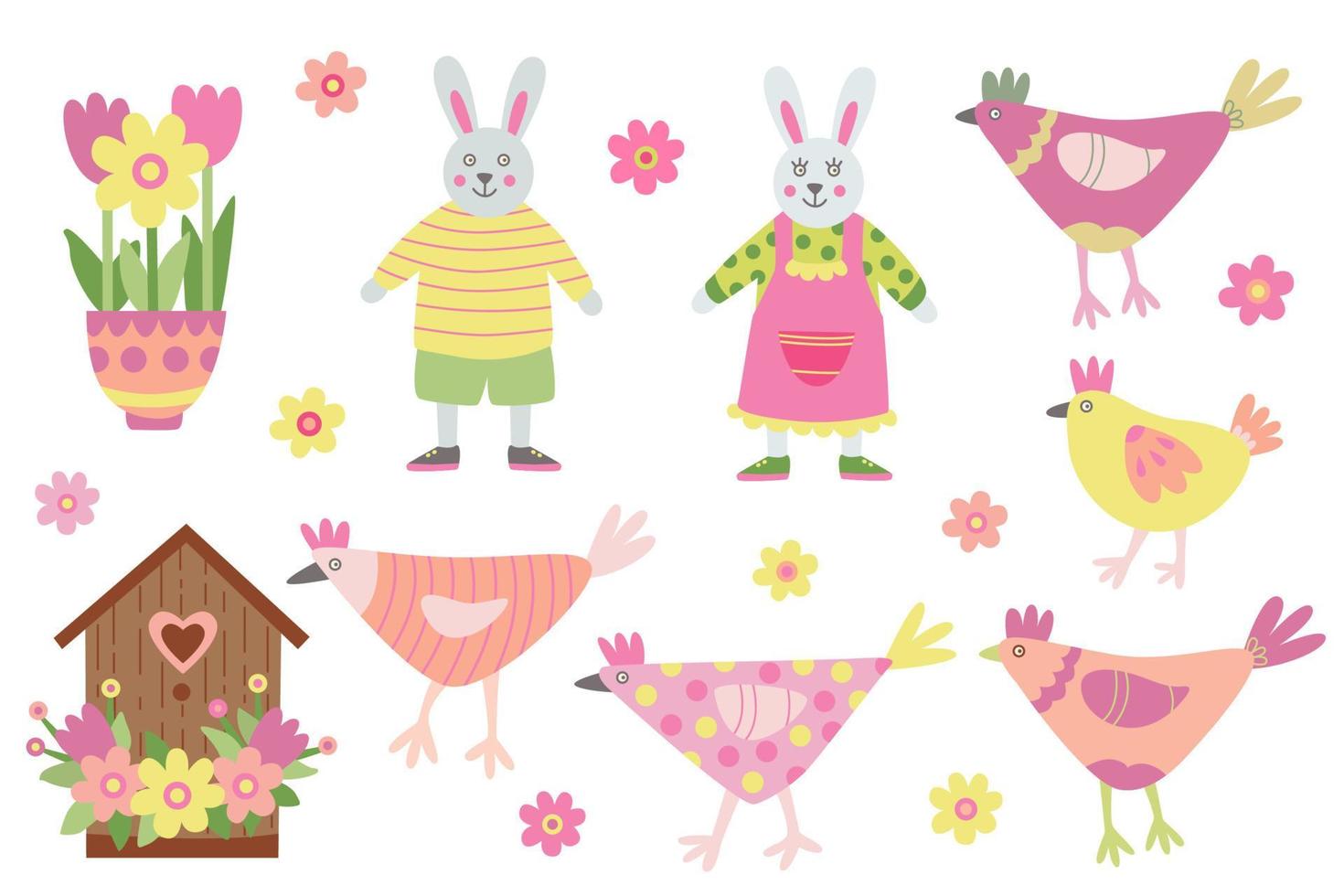 Set with cute animals. Funny hens, rabbit or bunny kids and daisy flowers. Spring hand drawn flat illustration. Great for Easter design. vector