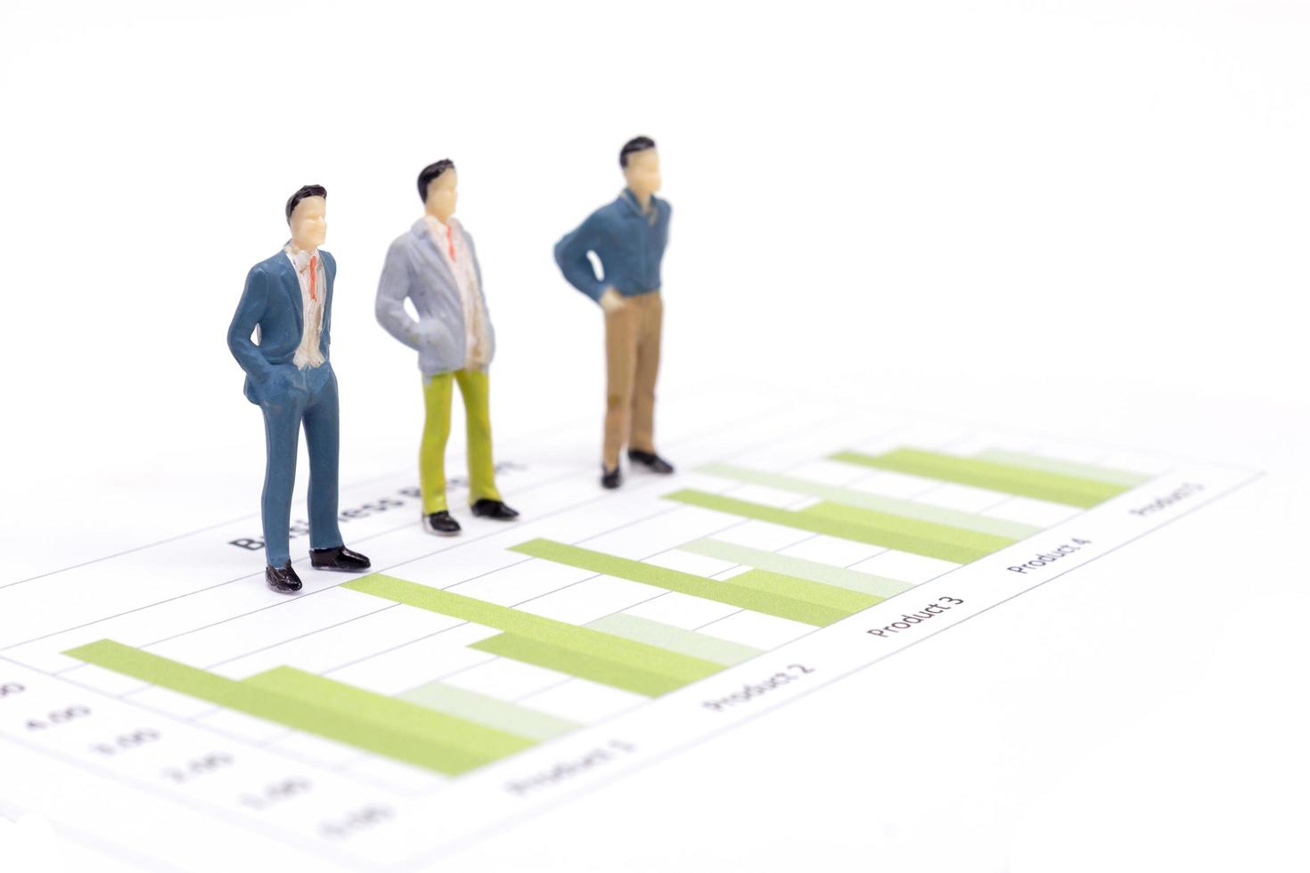 Miniature figures businessmen standing on a graph chart financial photo