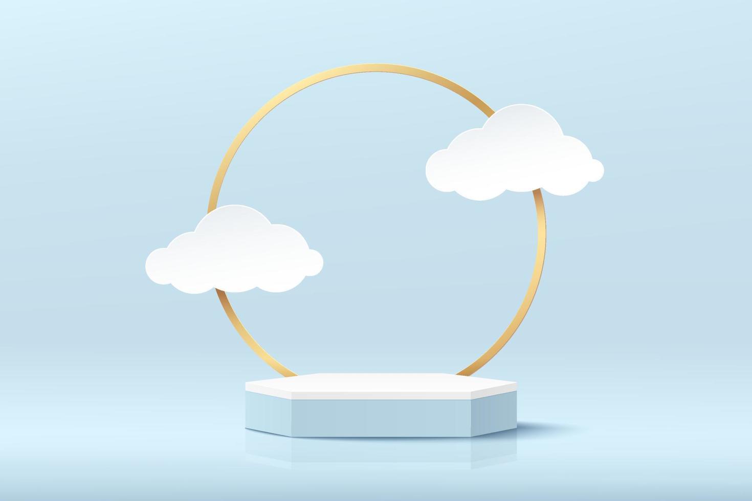 White hexagon pedestal podium. Light blue minimal wall scene with golden ring and cloud shape paper cut style. Vector rendering 3d shape, Product display presentation. Abstract background pastel color