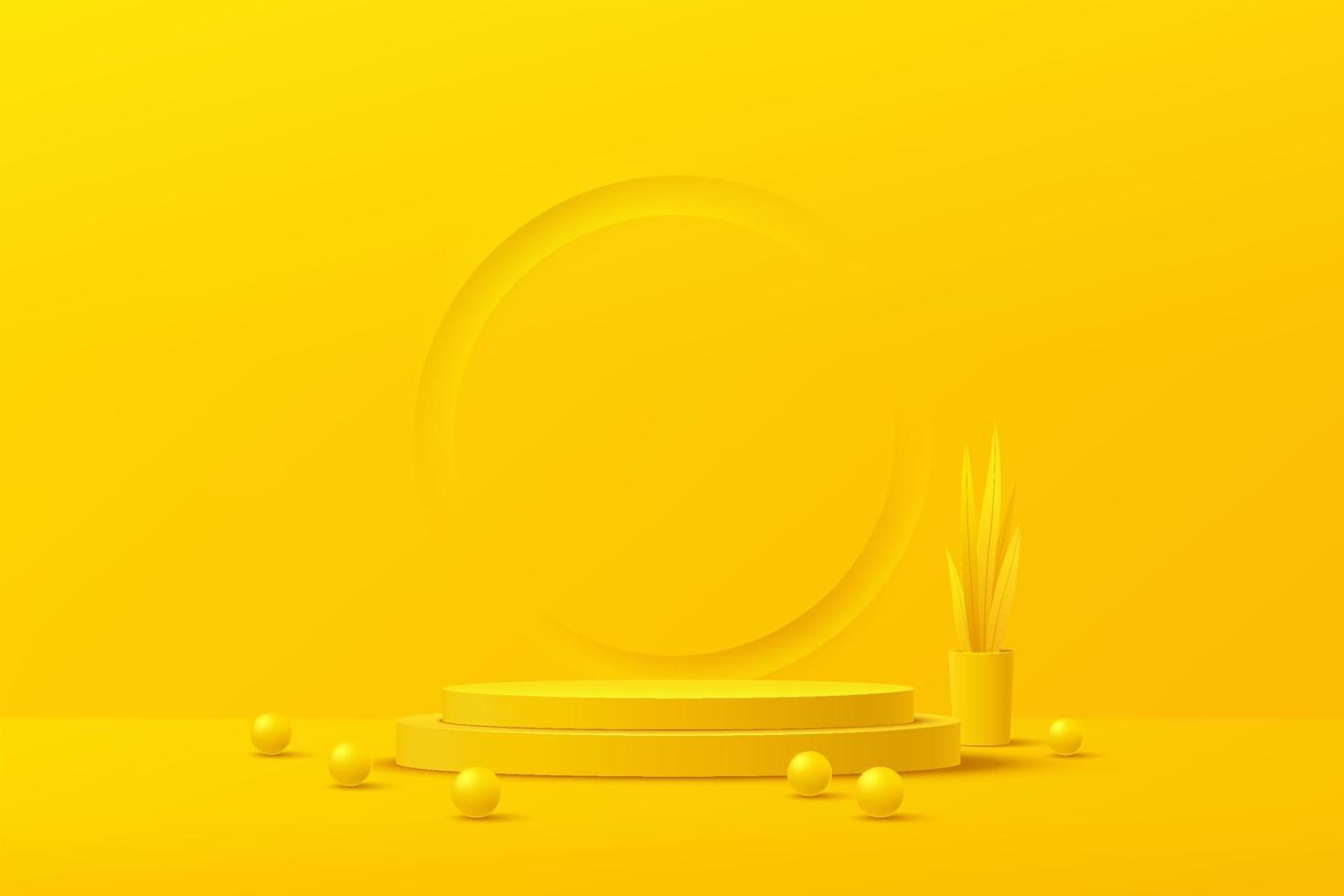 Podio de plataforma de cilindro amarillo abstracto con bola de esfera. plantar en maceta y dejar decorar. escena de pared mínima de color amarillo brillante con círculo en relieve. representación vectorial de forma 3d para presentación de productos vector