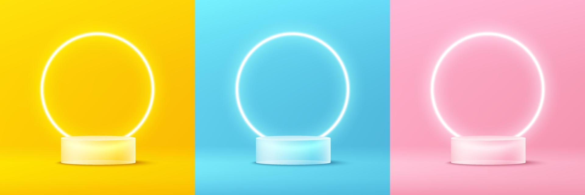 Set of transparent glass cylinder pedestal podium. Yellow, blue and pink minimal wall scene with glowing neon circle shape. Vector rendering 3d shape for product display presentation. Abstract room.