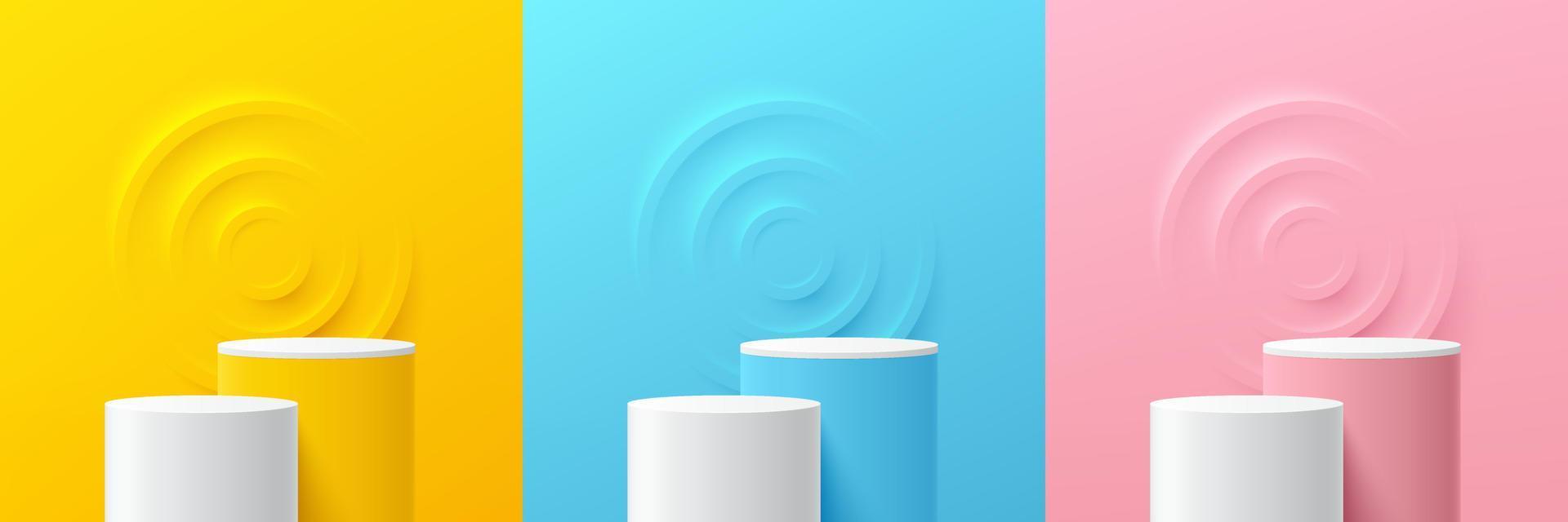 Set of steps yellow, blue, pink, white cylinder pedestal podium. Emboss ring shape with pastel color backdrop. Abstract vector rendering 3d shape. Product display presentation. Minimal wall scene.