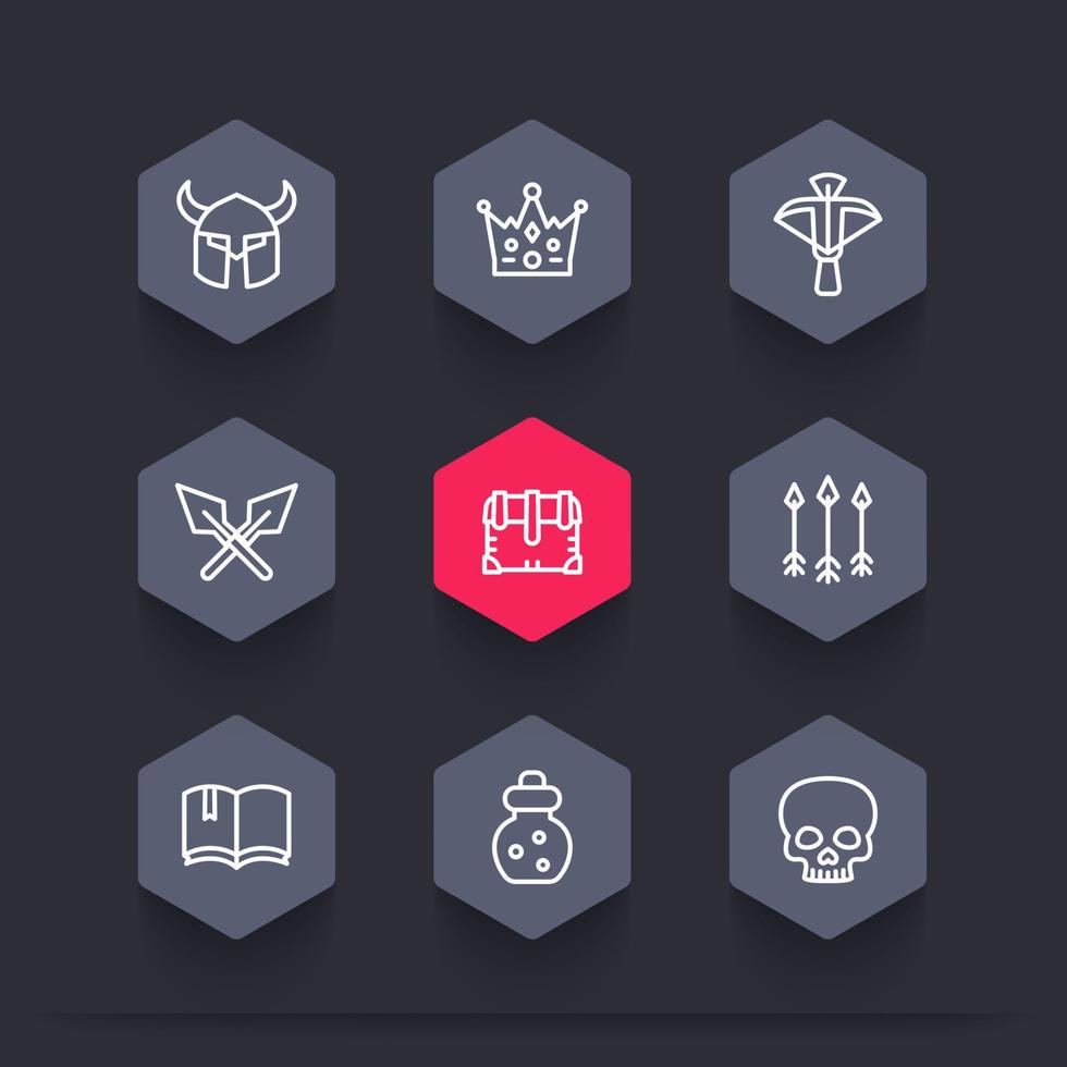 Game line icons set 2, armor, crossbow, chest, arrows, potion, crown vector