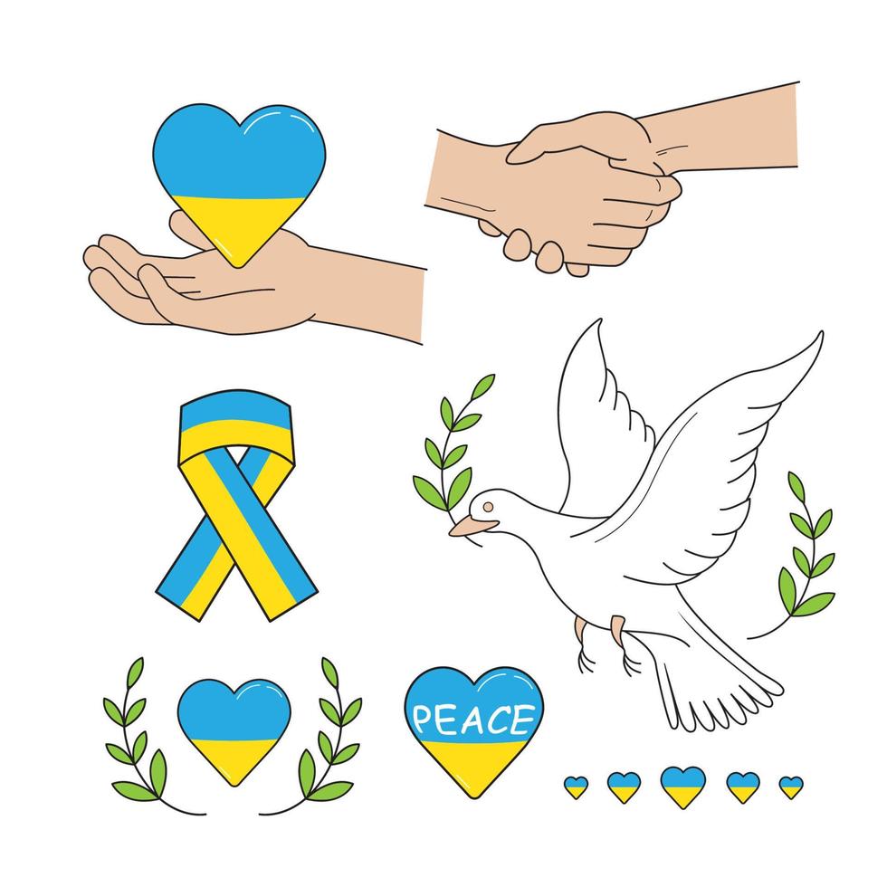 Flat line icons set, Peace outline icons. Handshake, pigeon, branch, heart vector