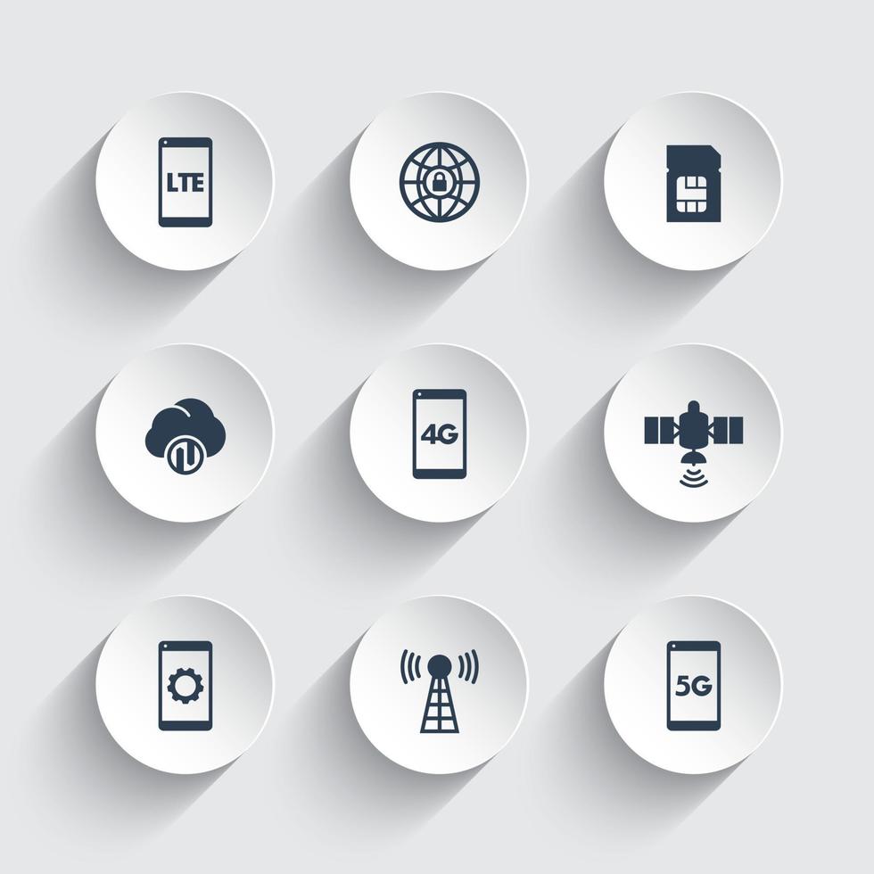 wireless technology icons, 4g network pictogram, lte icon, mobile communication, connection signs, 4g, 5g mobile internet icons on round 3d shapes, vector illustration