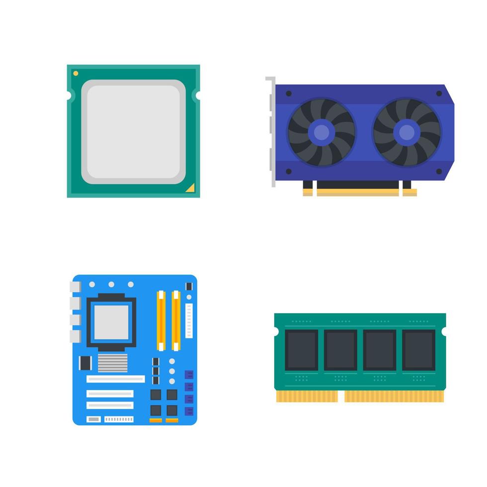 computer components icons, motherboard, memory, video card, CPU, vector illustration