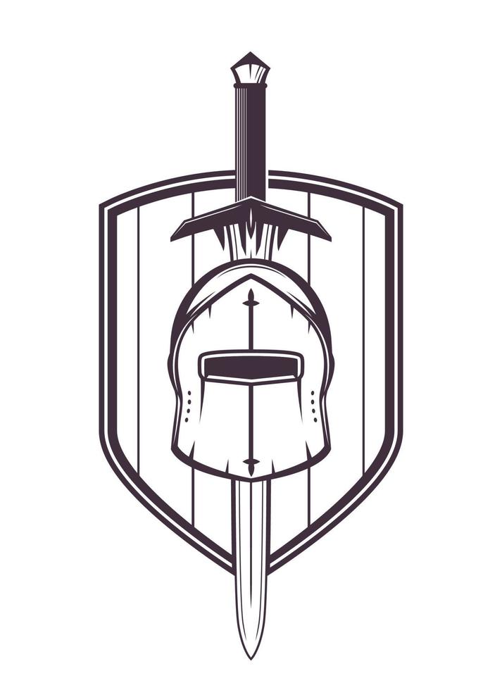 medieval helmet, sword and shield isolated on white, vector illustration