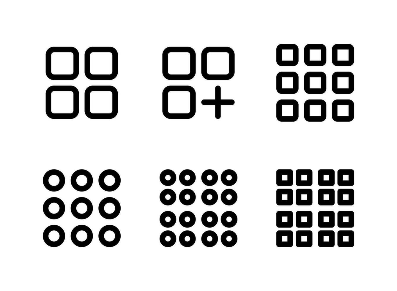 conjunto simple de iconos de línea de vector relacionados con el menú de cuadrícula. contiene íconos como cuadrados, agregar, círculos y más.