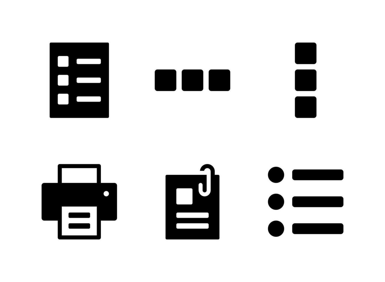 conjunto simple de iconos sólidos vectoriales relacionados con la interfaz de usuario. contiene iconos como lista, cuadrícula, impresora y más. vector