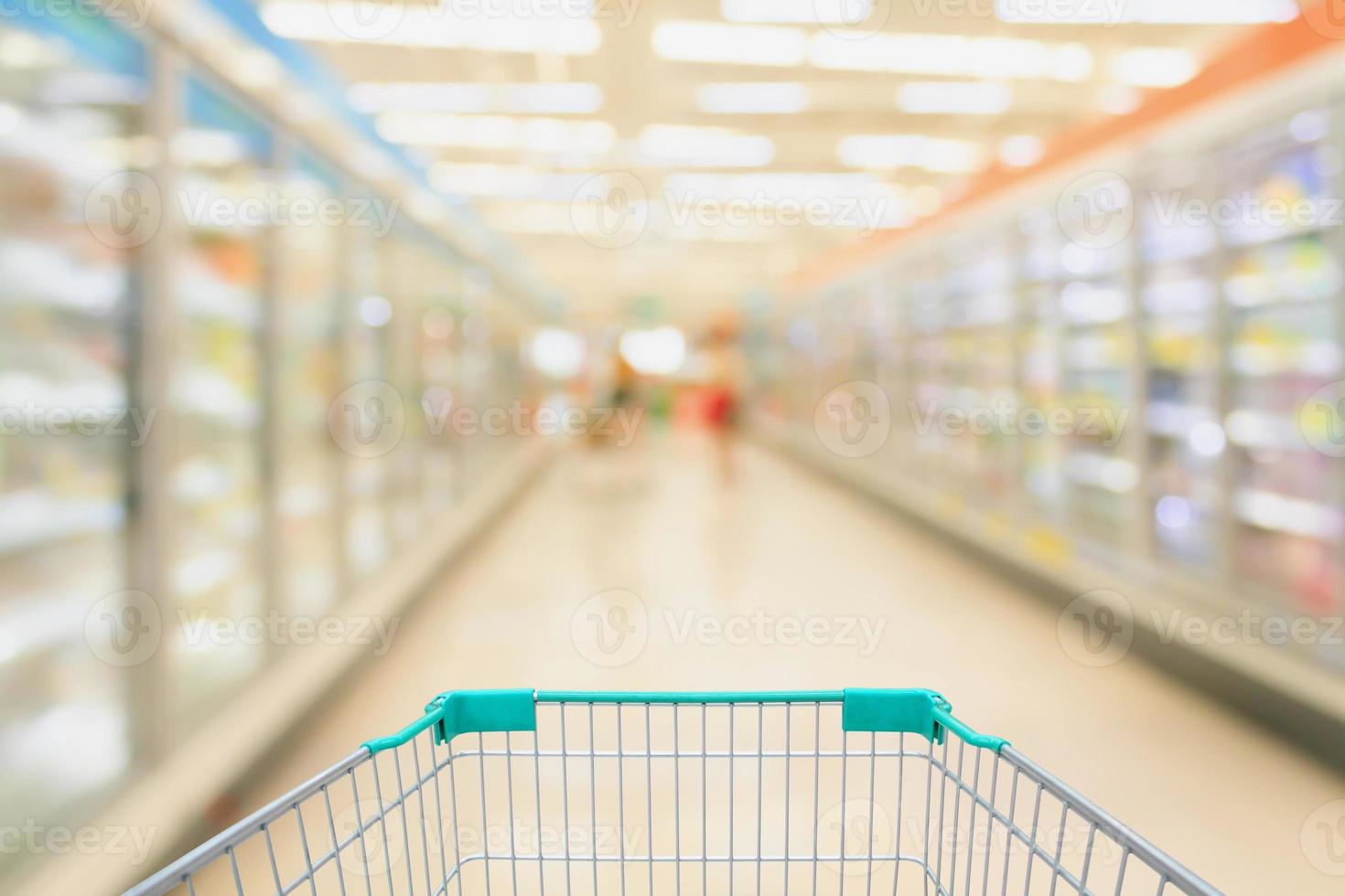 shopping cart with supermarket aisle photo