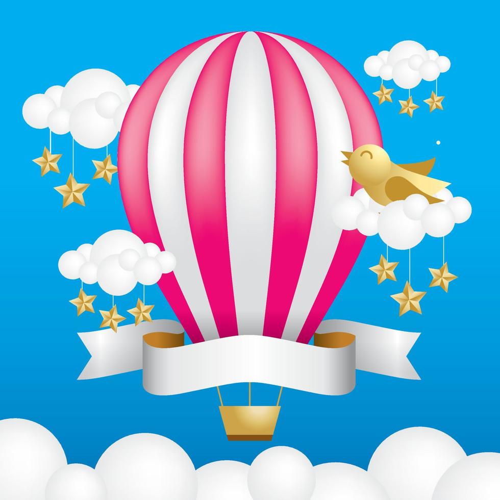 balloon fly on blue sky with star and cloud and bird vector
