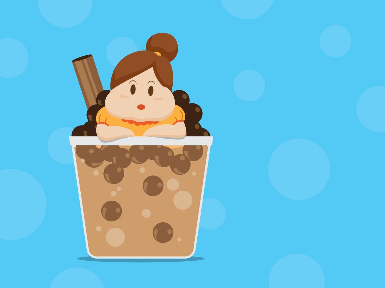 Fat woman on a glass of bubble tea illustration. vector