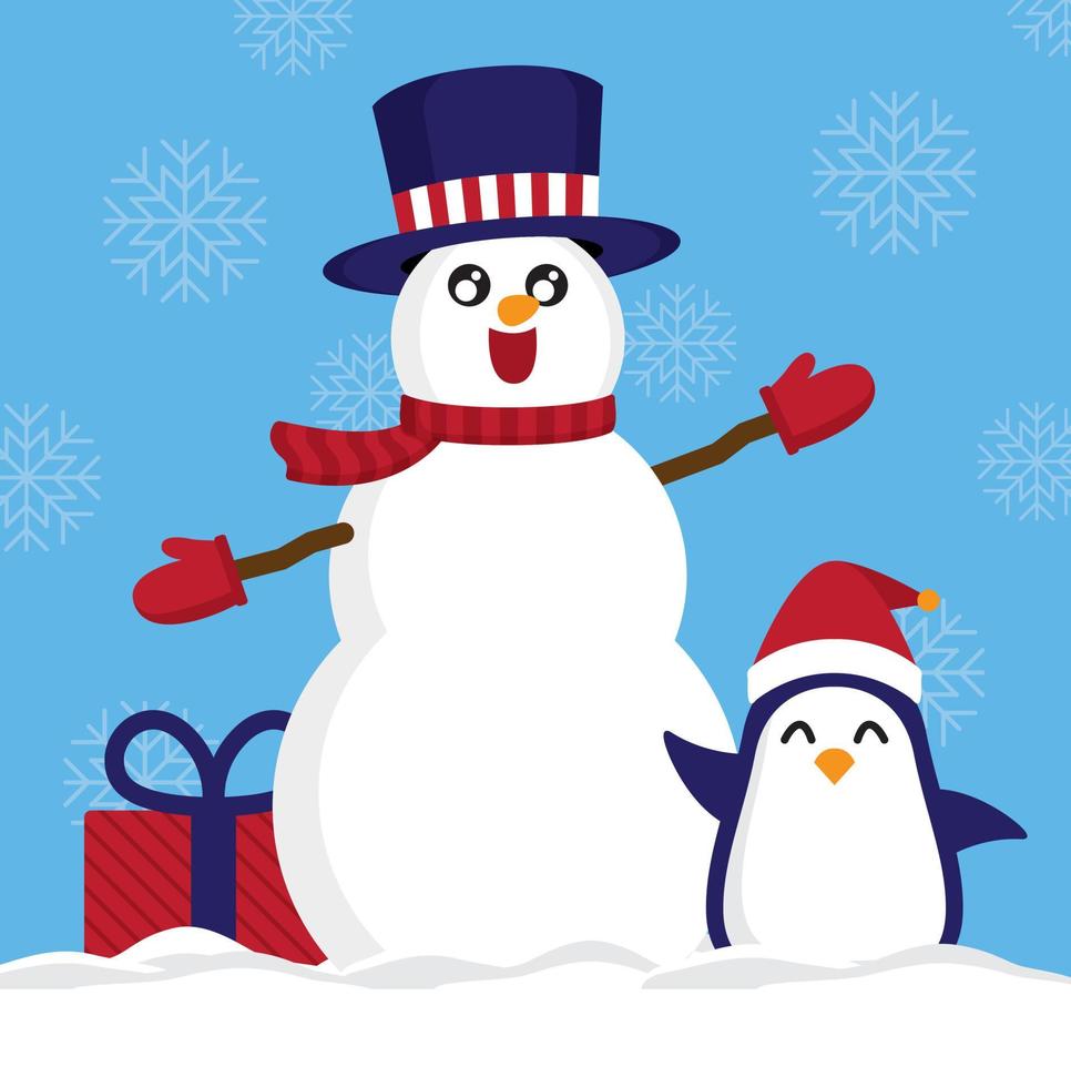 Snowman and penguin present winter promotion. Graphic vector for winter promotion advertising.