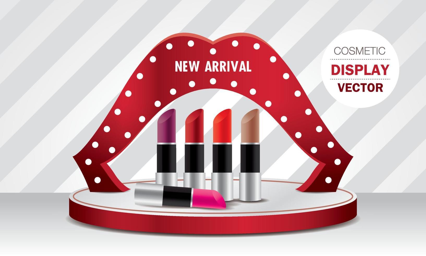 lipstick collection on step with lip shape arch stand. cosmetic product display 3D illustration vector. vector