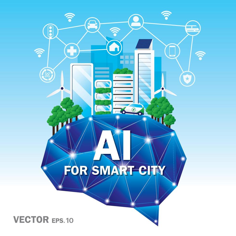 ciudad inteligente en el vector de ilustración del cerebro de inteligencia artificial.