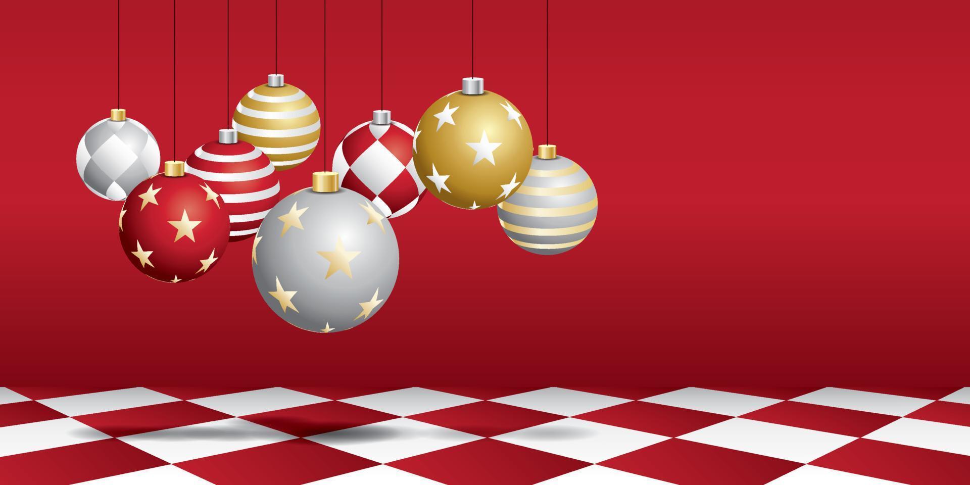 juego de bolas de navidad con pared roja y piso de ajedrez rojo. vector de escena navideña.