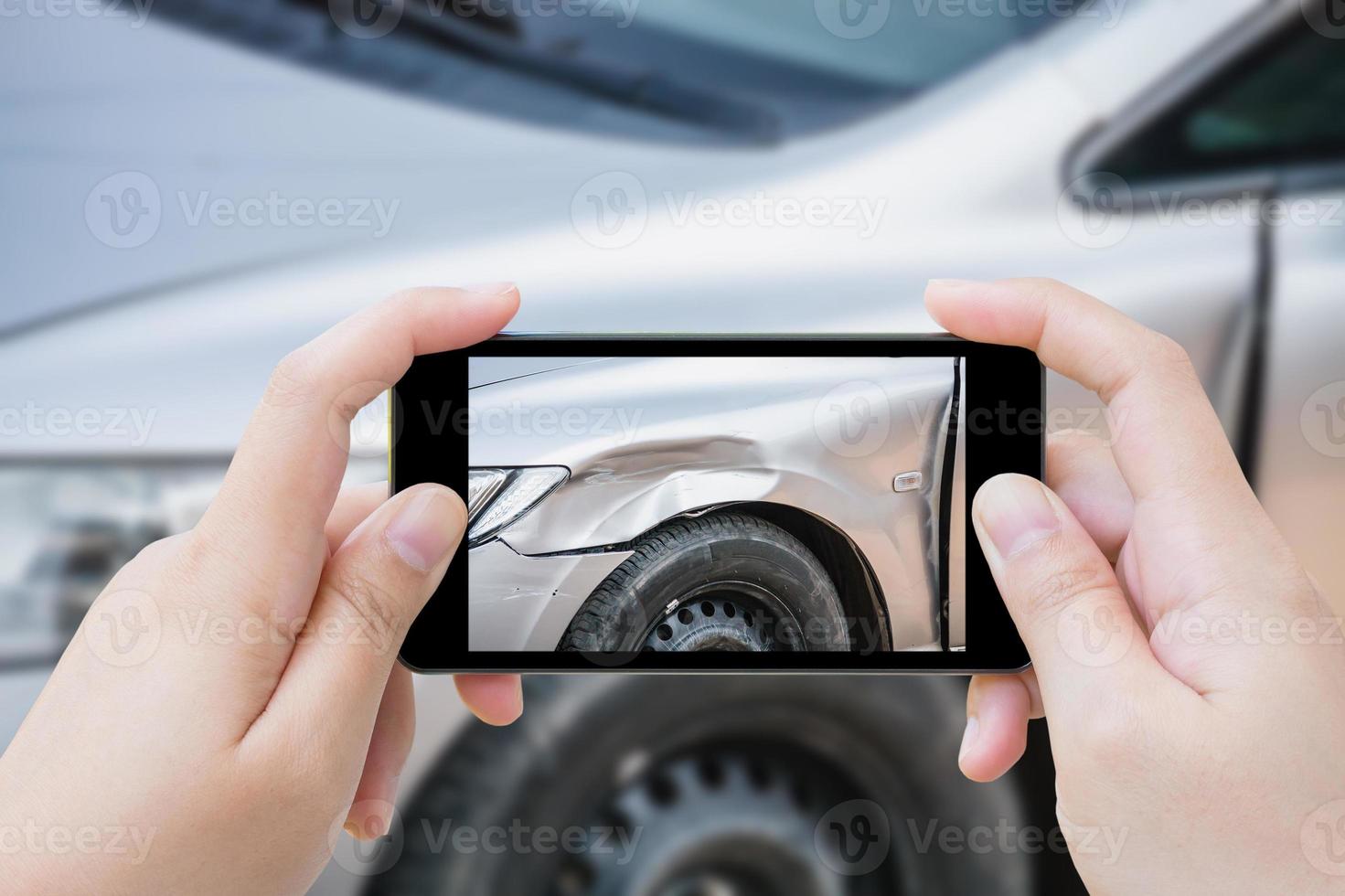 woman using mobile smartphone take photo car crash accident