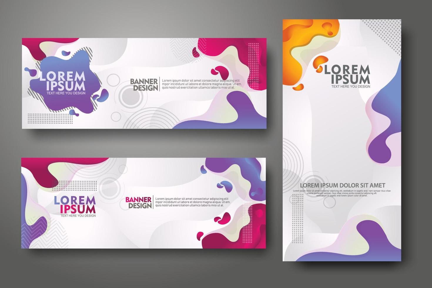 plantilla de diseño de conjunto de banners en colores degradados vibrantes de moda con formas fluidas abstractas vector