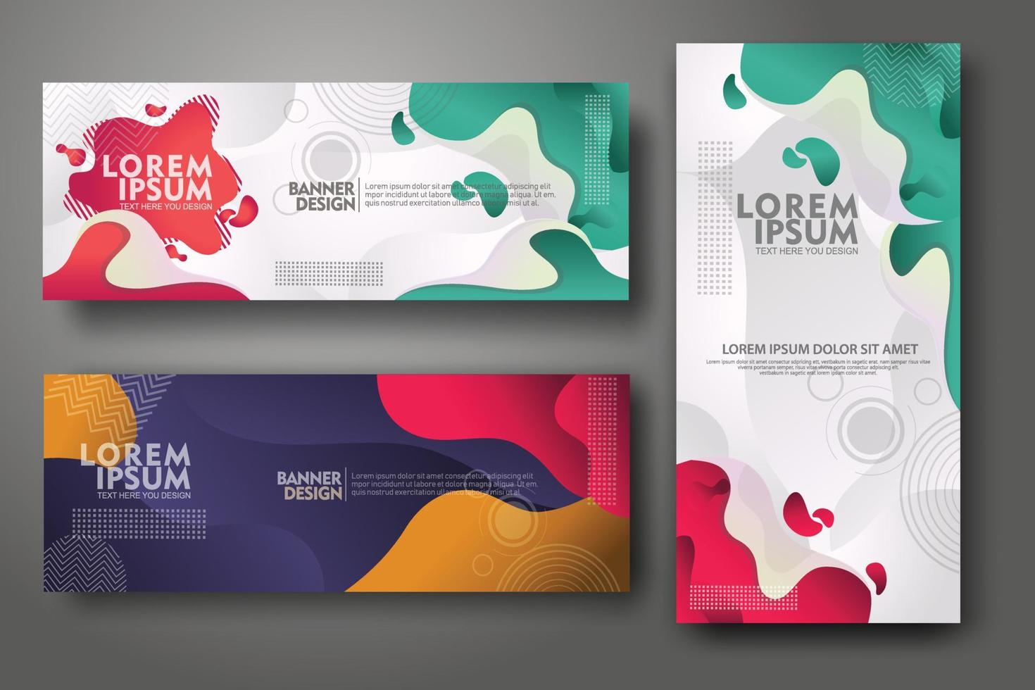 plantilla de diseño de conjunto de banners en colores degradados vibrantes de moda con formas fluidas abstractas vector