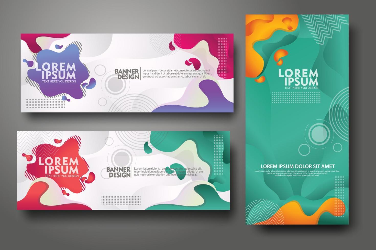 plantilla de diseño de conjunto de banners en colores degradados vibrantes de moda con formas fluidas abstractas vector