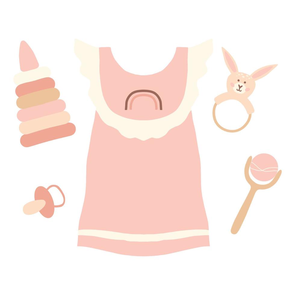Boho outfit. Cute little girl wardrobe. Vector illustration. Accessories for newborn. Baby boho clothes, abstract boho clothes, cute minimal wear for children, clothing clipart.