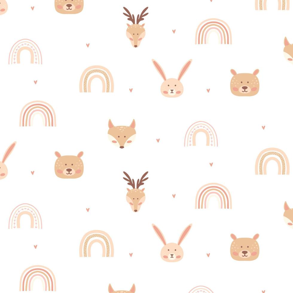 Childish pattern with cute forest animals. Children's boho style. Hand drawn pattern with fox, hare, deer, bear. vector