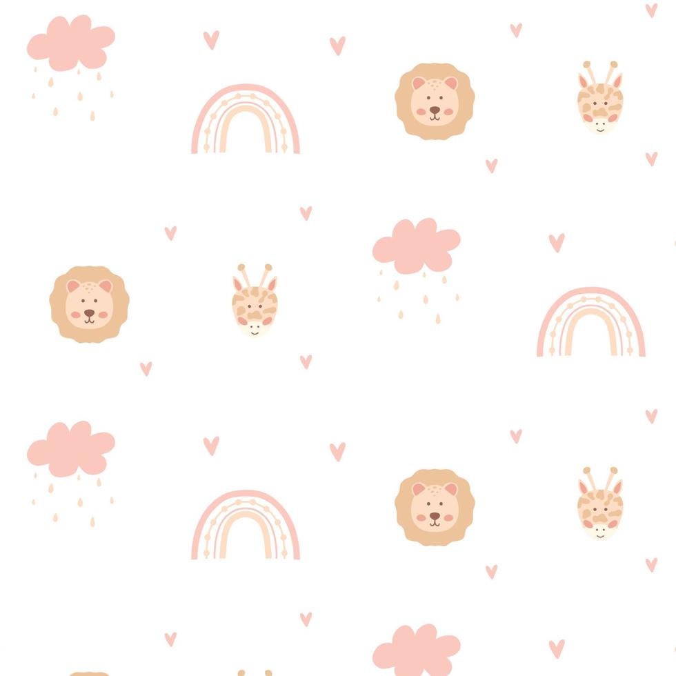 Childish  pattern with cute giraffes , lion and rainbows.Kid's boho. Hand-drawn pattern with jungle animals. vector